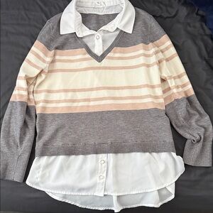 New York & Company Gray and Cream Striped Button Down Shirt